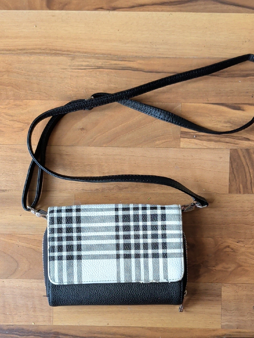 Black Plaid Crossbody Bag with Contrast Flap